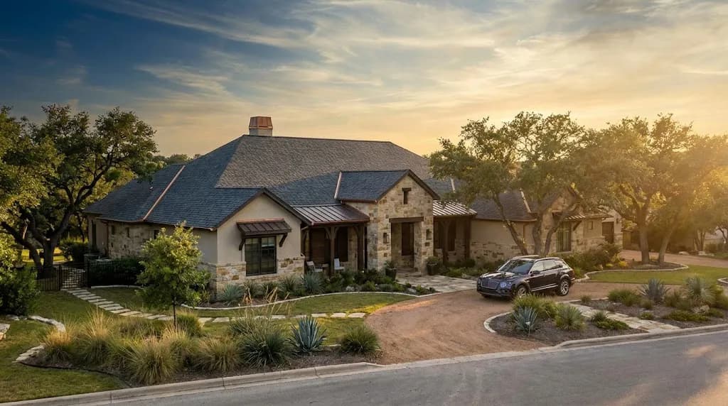 Beautiful Austin Texas home with new roof replacement at sunset